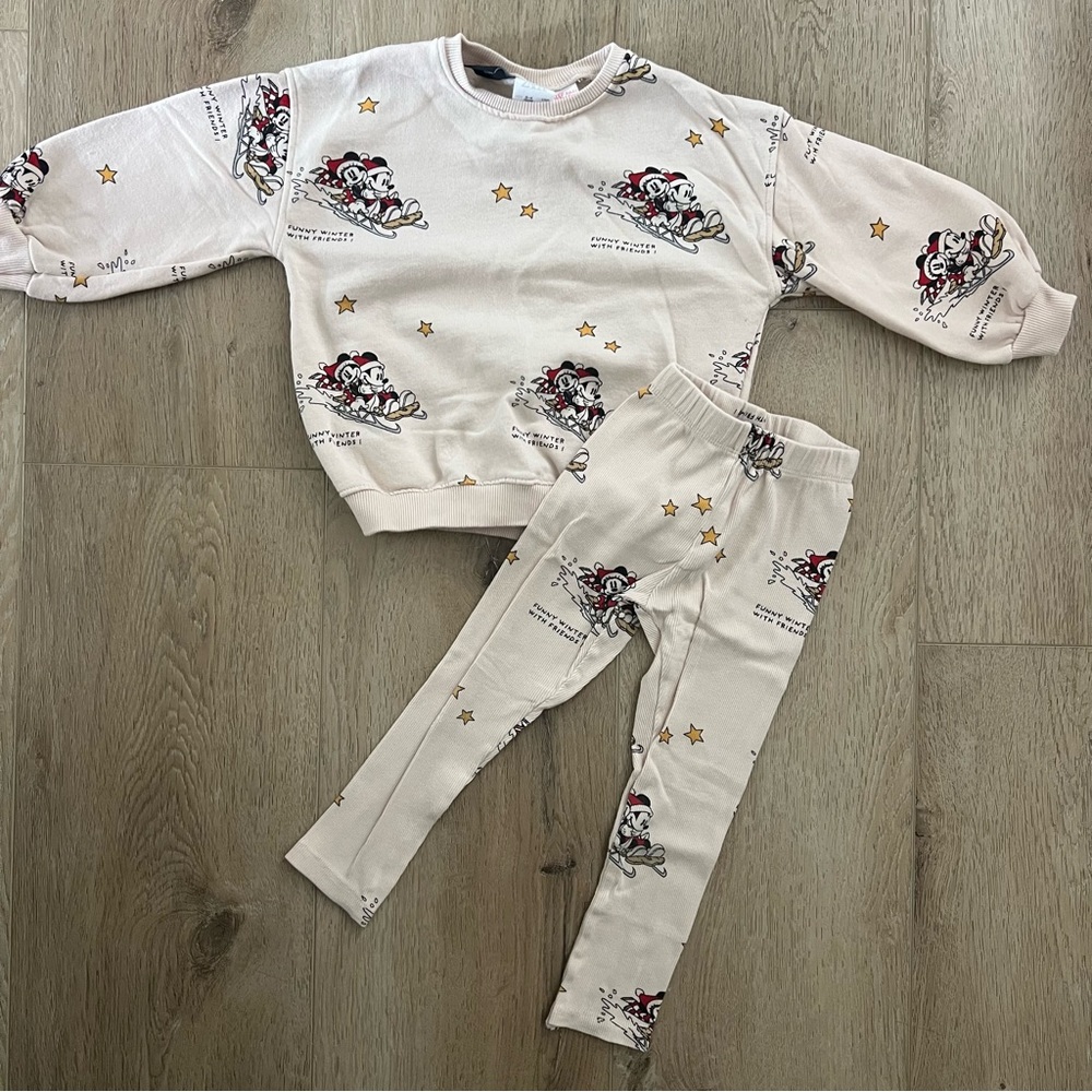 Zara Disney Mickey Minnie Mouse Christmas Sweatshirt Legging Set Size 3-4 years